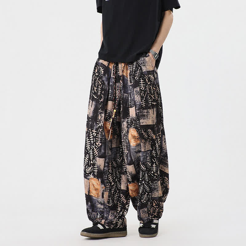 Buddha Stones Pantalon harem homme printemps-été bohème décontracté à cordon de serrage et imprimé abstrait avec poches - SaddleBrown - US/UK/AU46，EU56 (5XL) - image 6