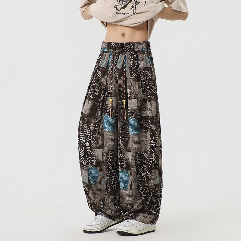 Buddha Stones Pantalon harem homme printemps-été bohème décontracté à cordon de serrage et imprimé abstrait avec poches - Bleu - US/UK/AU46，EU56 (5XL) - image 0