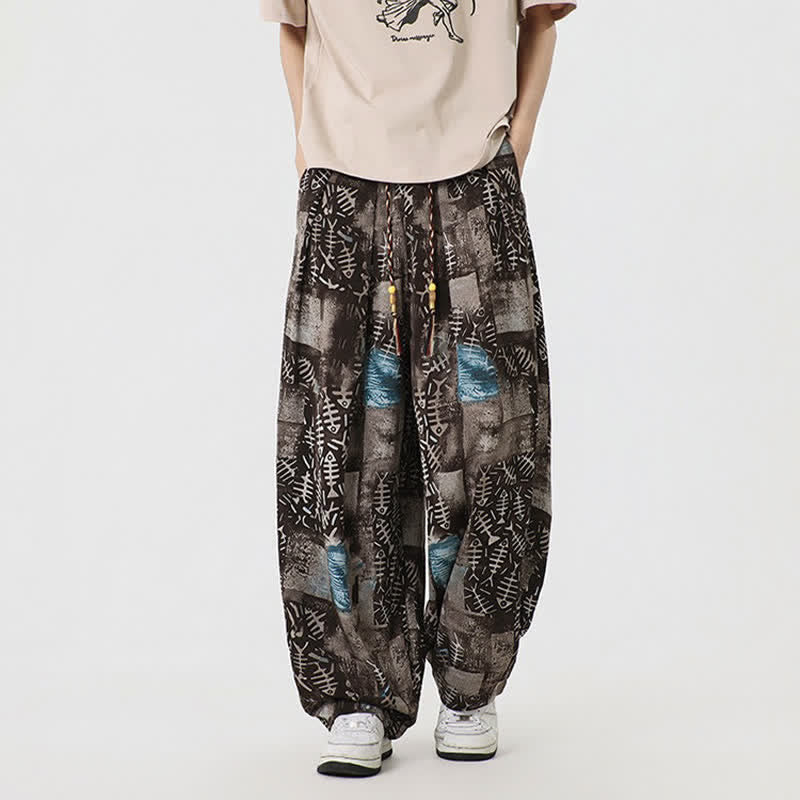 Buddha Stones Pantalon harem homme printemps-été bohème décontracté à cordon de serrage et imprimé abstrait avec poches - image 1