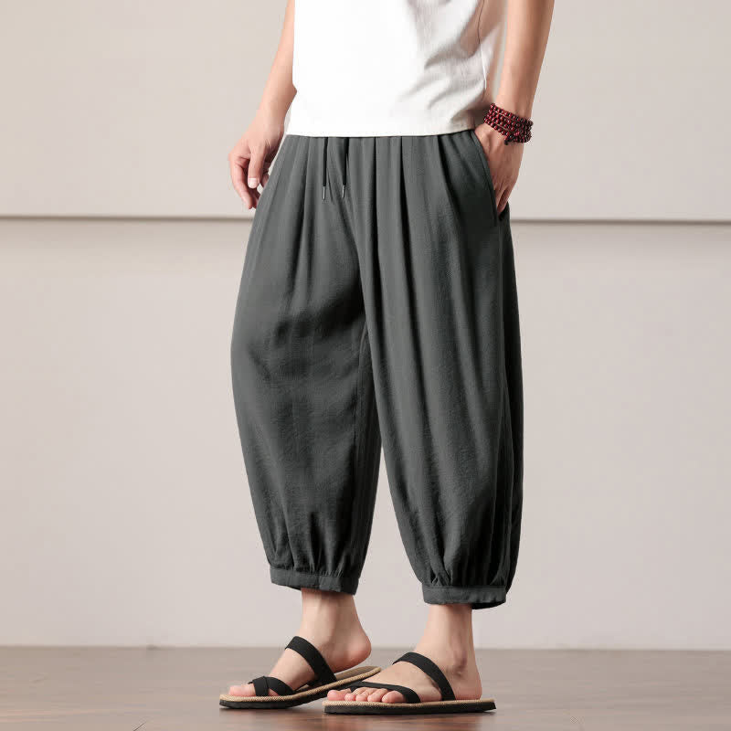 Buddha Stones Pantalon Capri uni décontracté d'été, minimaliste, à cordon de serrage, style harem pour homme avec poches - image 1