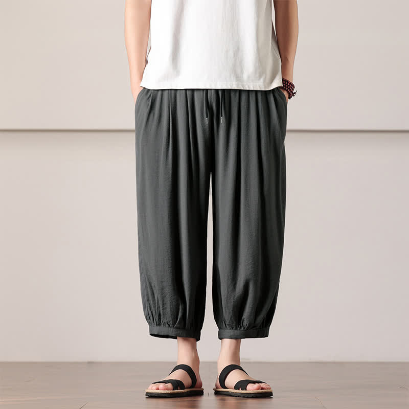 Buddha Stones Pantalon Capri uni décontracté d'été, minimaliste, à cordon de serrage, style harem pour homme avec poches - Gris sombre - US/UK/AU46，EU56 (5XL) - image 0