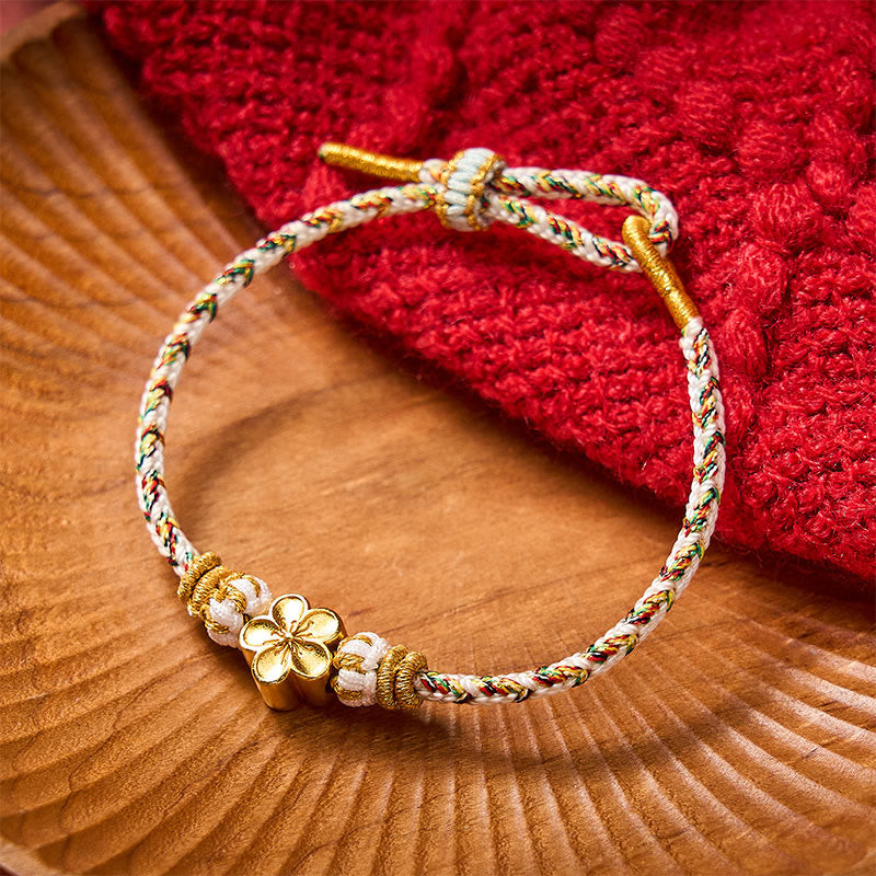 Buddha Stones Bracelet de la connaissance en corde tressée blanche et fleur - Blanc - Avec accessoire fleur dorée - image 7