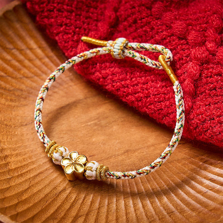 Buddha Stones Bracelet de la connaissance en corde tressée blanche et fleur - Blanc - Avec accessoire fleur dorée - image 7