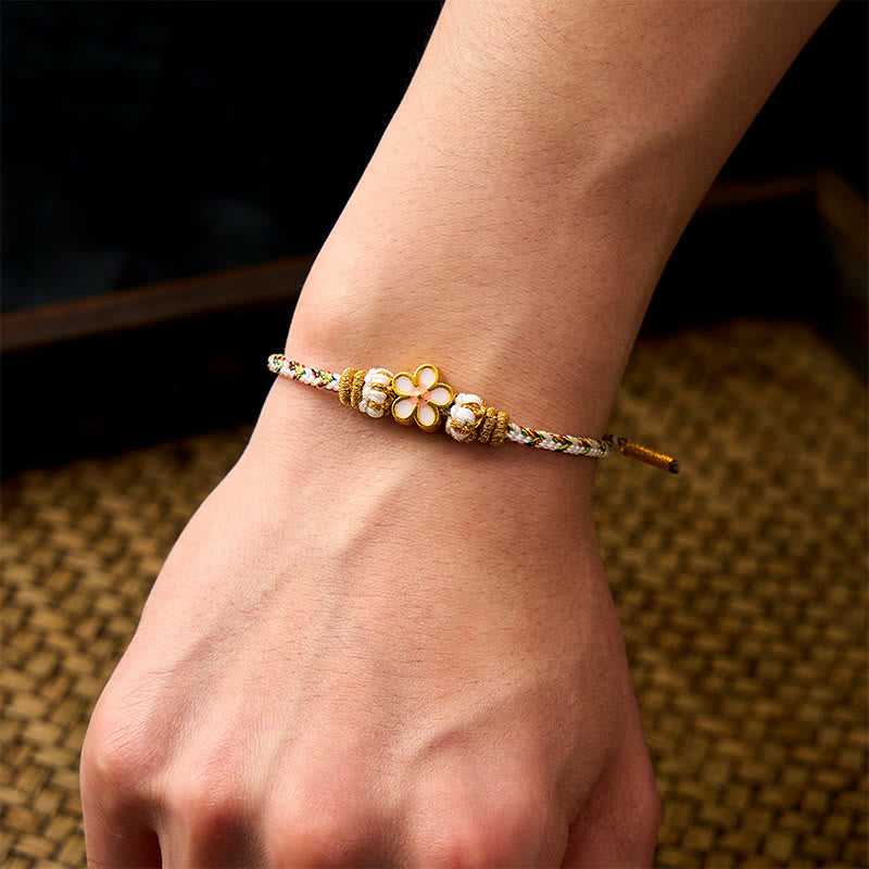 Buddha Stones Bracelet de la connaissance en corde tressée blanche et fleur - image 4