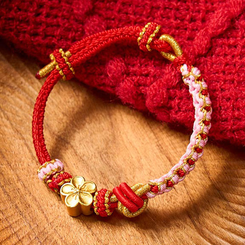 Buddha Stones Bracelet ajustable à nœud en corde tressée - Accessoire rouge à fleurs - image 0