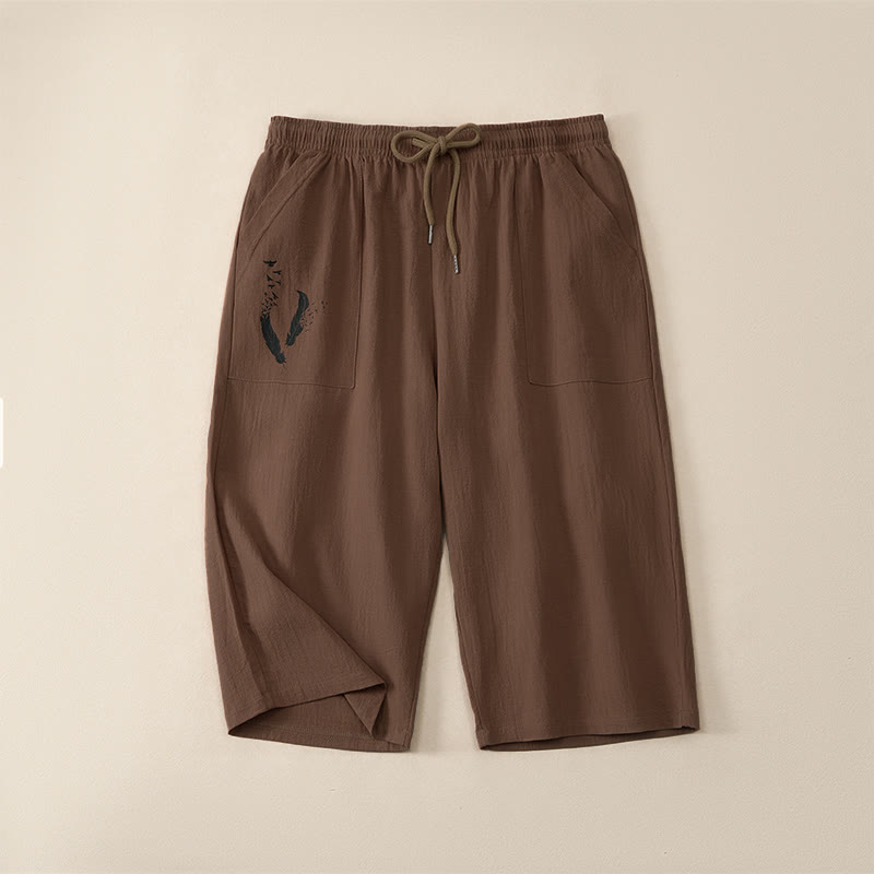Buddha Stones Pantalon Capri d'été décontracté à cordon de serrage, coupe droite, avec poches, pour homme - Terre de sienne - US/UK/AU42，EU52 (3XL) - image 0