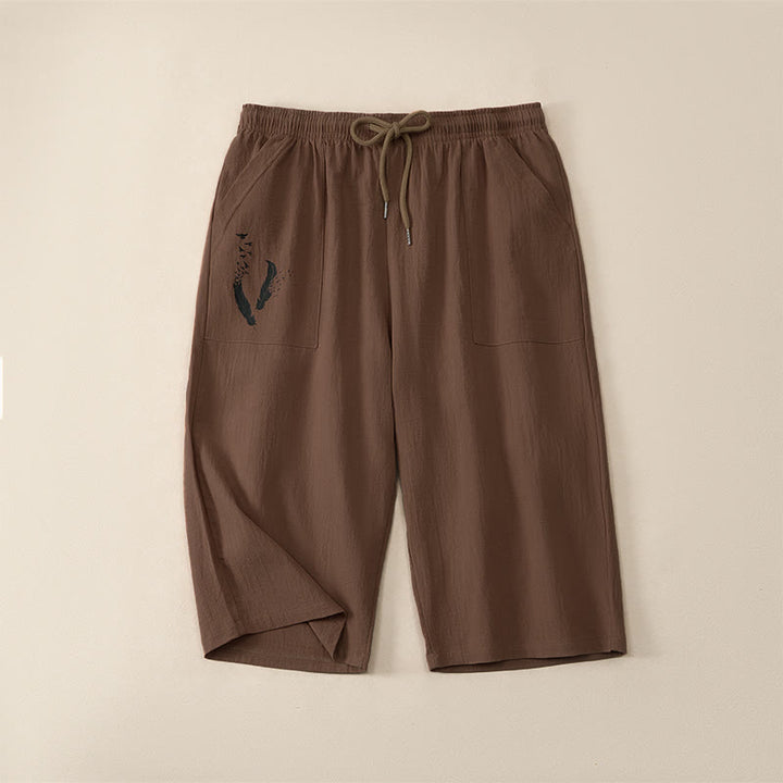 Buddha Stones Pantalon Capri d'été décontracté à cordon de serrage, coupe droite, avec poches, pour homme - Terre de sienne - US/UK/AU42，EU52 (3XL) - image 0