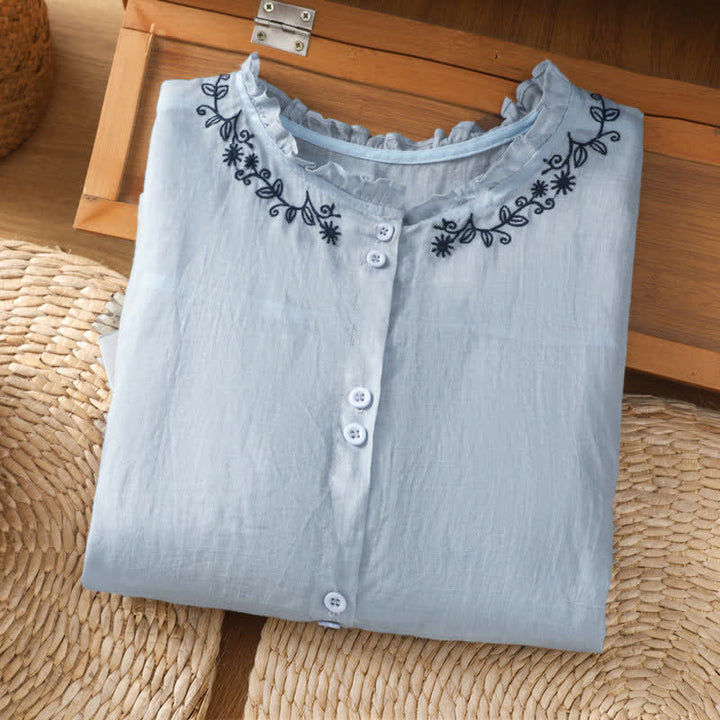 Buddha Stones Chemises d'été décontractées vintage bleu clair à manches 3/4 pour femmes, brodées et boutonnées. - image 2
