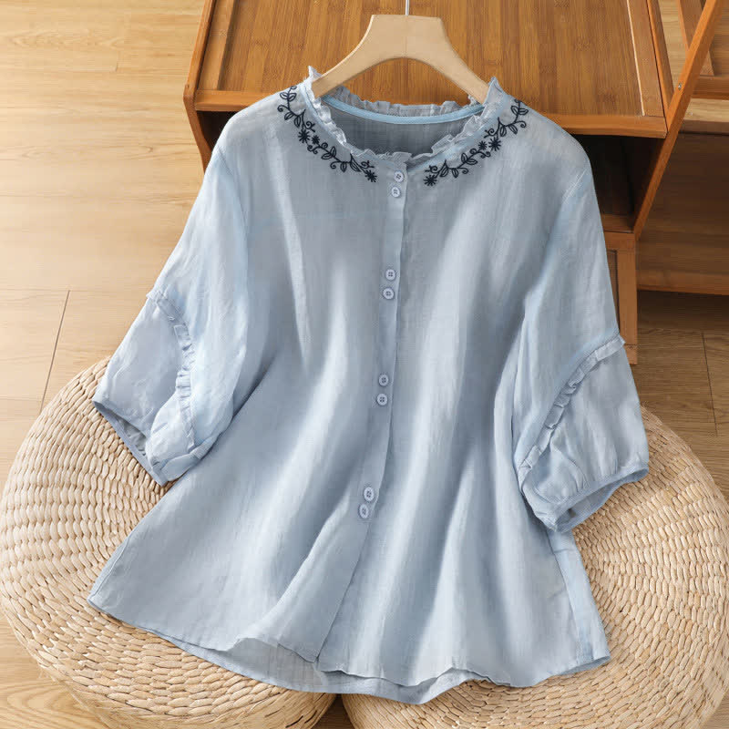 Buddha Stones Chemises d'été décontractées vintage bleu clair à manches 3/4 pour femmes, brodées et boutonnées. - Bleu acier clair - US8-10，UK/AU12-14，EU40-42 (2XL) - image 0