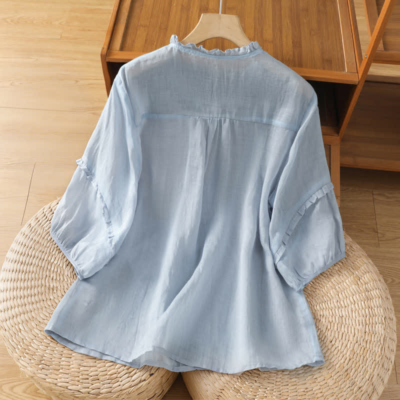 Buddha Stones Chemises d'été décontractées vintage bleu clair à manches 3/4 pour femmes, brodées et boutonnées. - image 1