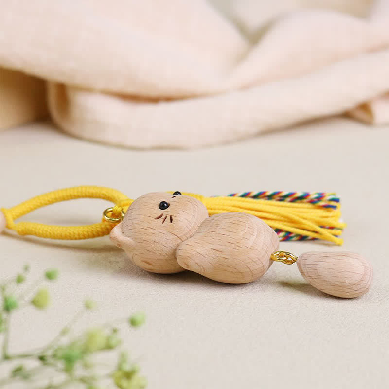 Buddha Stones Porte-clés chat porte-bonheur en bois de hêtre, pompon fait main - image 12