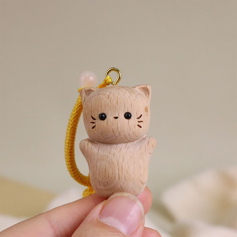 Buddha Stones Porte-clés chat porte-bonheur en bois de hêtre, pompon fait main - image 7