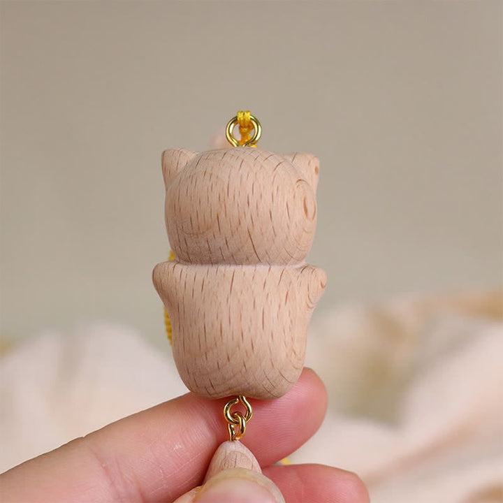 Buddha Stones Porte-clés chat porte-bonheur en bois de hêtre, pompon fait main - image 8