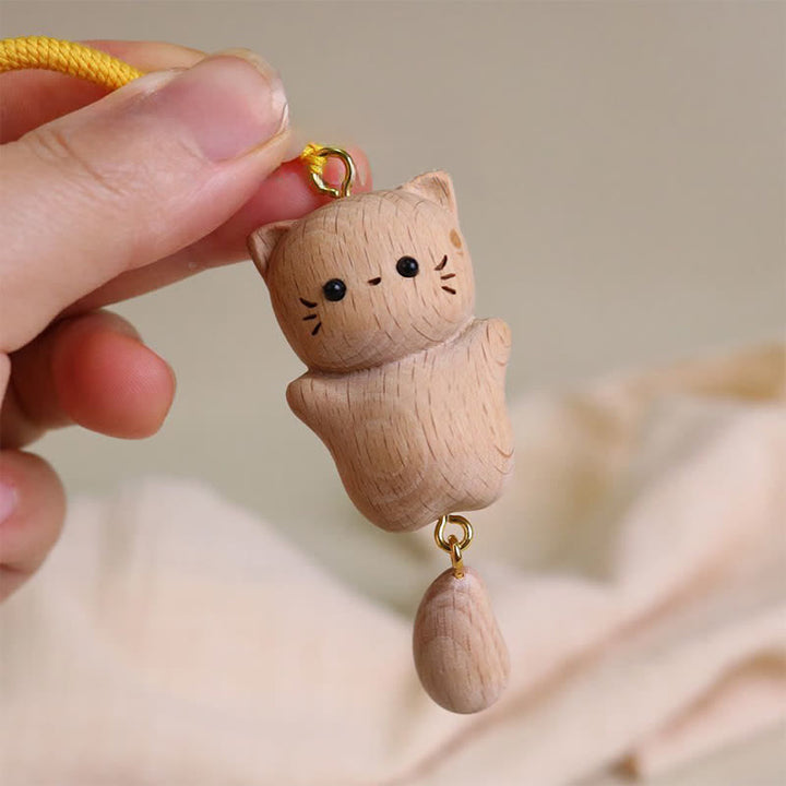 Buddha Stones Porte-clés chat porte-bonheur en bois de hêtre, pompon fait main - image 13