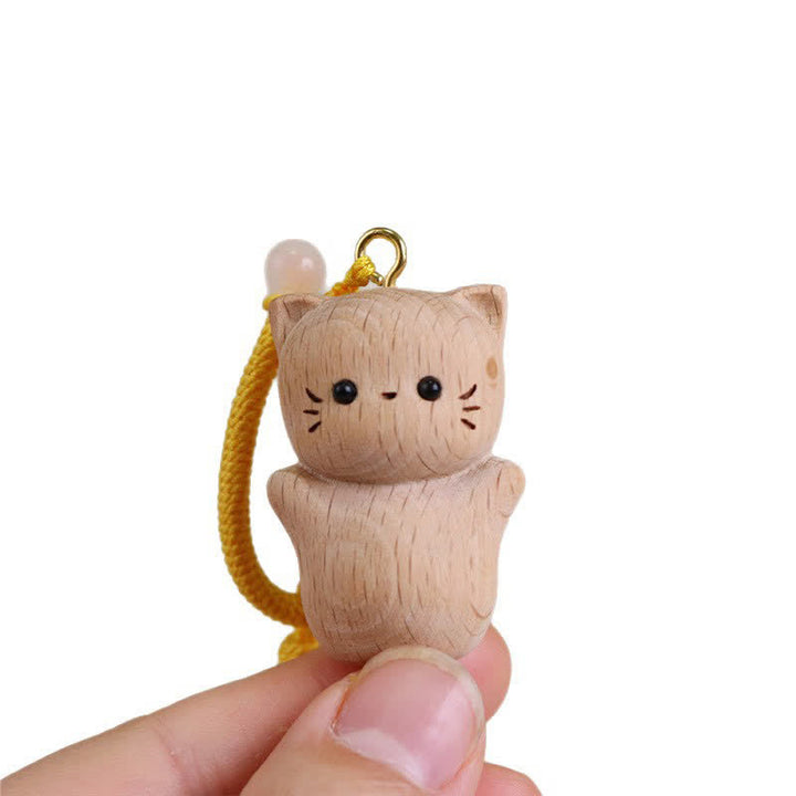 Buddha Stones Porte-clés chat porte-bonheur en bois de hêtre, pompon fait main - image 15