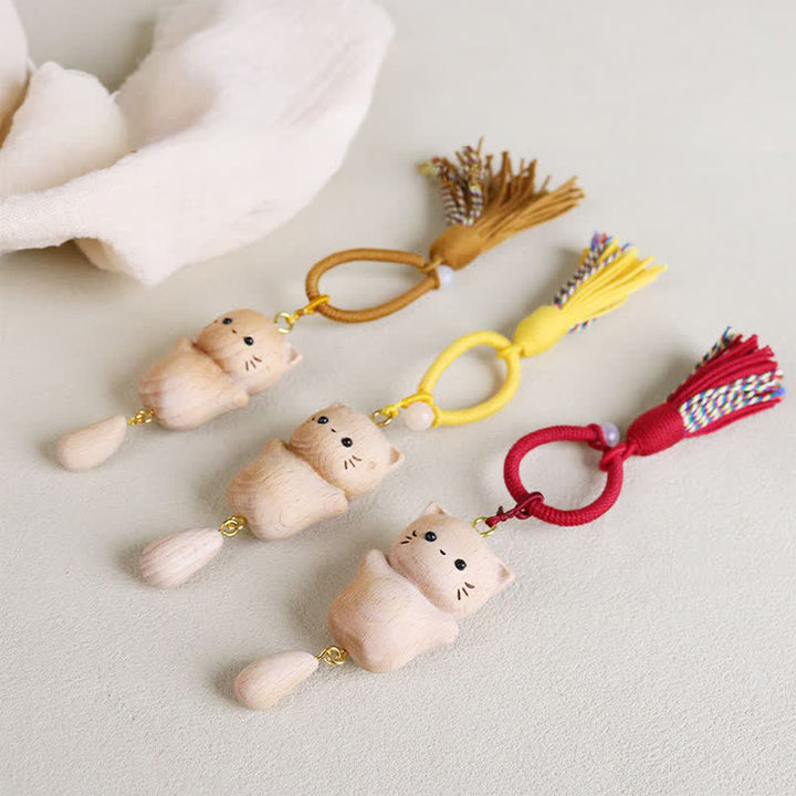 Buddha Stones Porte-clés chat porte-bonheur en bois de hêtre, pompon fait main - image 14