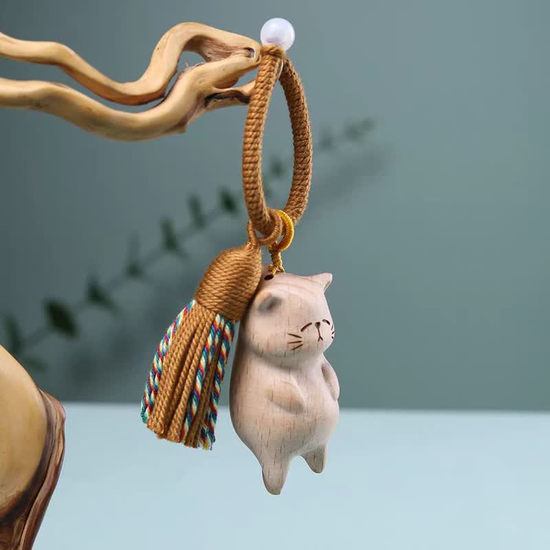 Buddha Stones Porte-clés breloques pour sac en bois de hêtre avec pompon en forme de chat et de paix - image 3