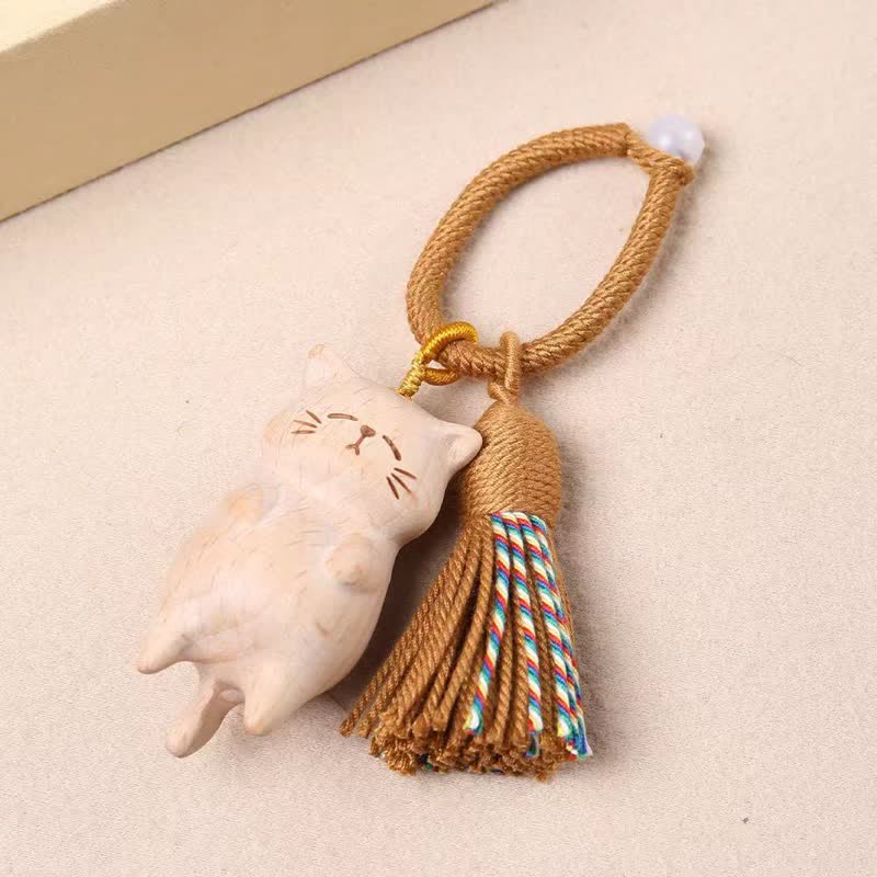 Buddha Stones Porte-clés breloques pour sac en bois de hêtre avec pompon en forme de chat et de paix - image 2