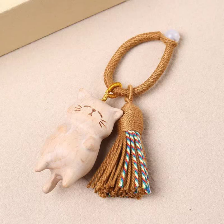 Buddha Stones Porte-clés breloques pour sac en bois de hêtre avec pompon en forme de chat et de paix - image 2