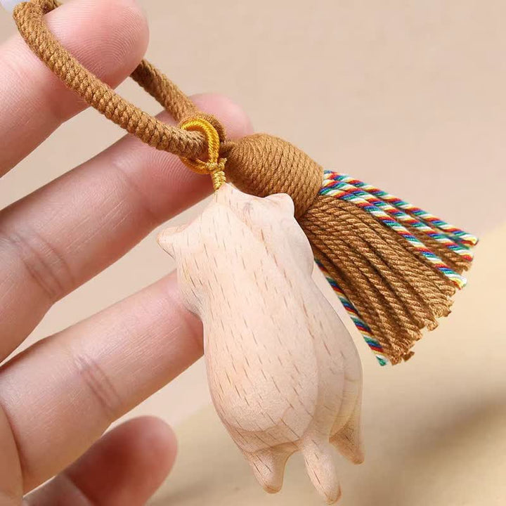 Buddha Stones Porte-clés breloques pour sac en bois de hêtre avec pompon en forme de chat et de paix - image 6