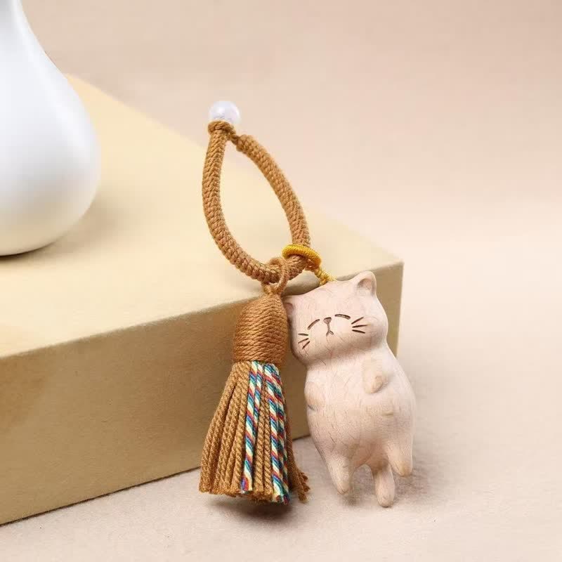 Buddha Stones Porte-clés breloques pour sac en bois de hêtre avec pompon en forme de chat et de paix - image 1