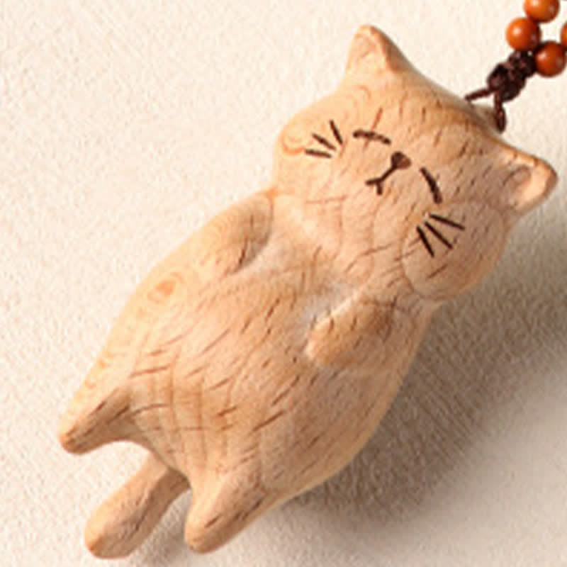 Buddha Stones Décoration de téléphone portable en forme de chat porte-bonheur sculpté à la main en bois de hêtre - image 8