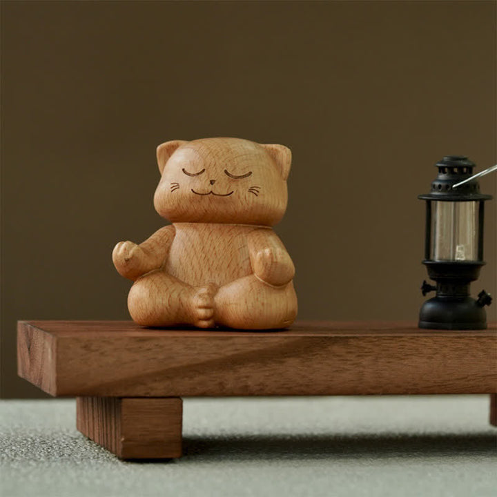Buddha Stones Chat méditant en bois, sculpté à la main, décoration animalière mignonne - image 2
