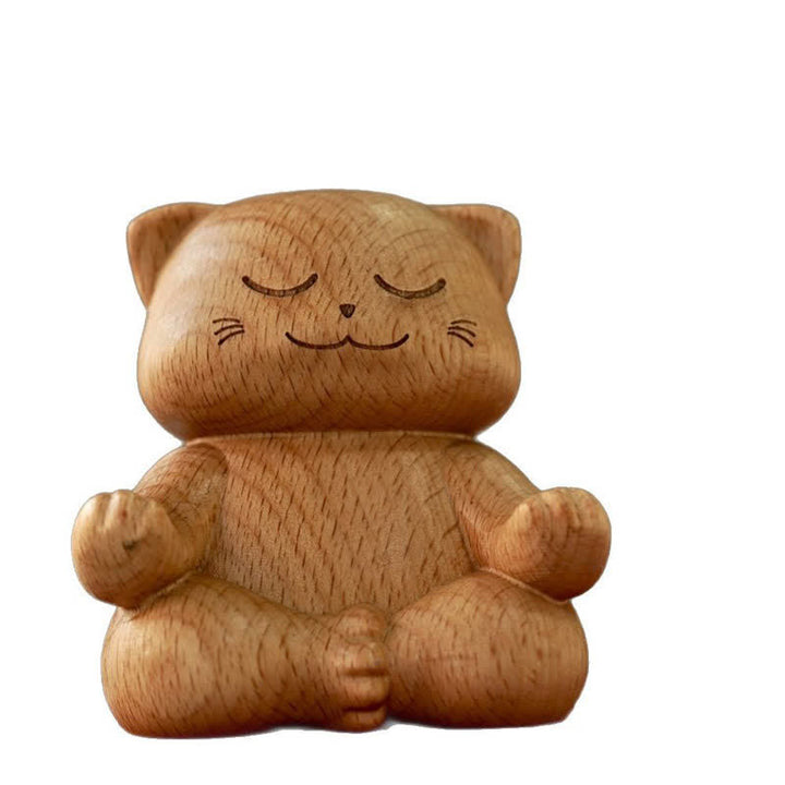 Buddha Stones Chat méditant en bois, sculpté à la main, décoration animalière mignonne - image 7