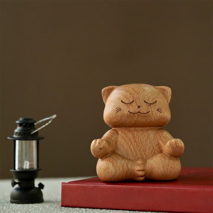Buddha Stones Chat méditant en bois, sculpté à la main, décoration animalière mignonne - Cercle Zen (Éveil ♥ Sans effort) - image 0