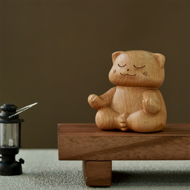 Buddha Stones Chat méditant en bois, sculpté à la main, décoration animalière mignonne - image 1