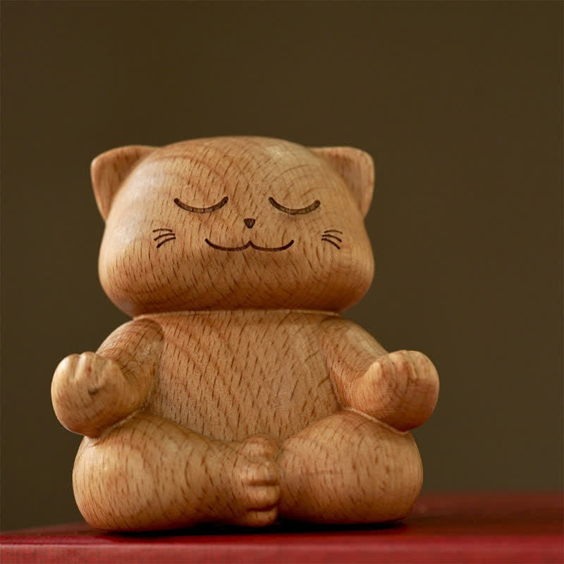 Buddha Stones Chat méditant en bois, sculpté à la main, décoration animalière mignonne - image 4