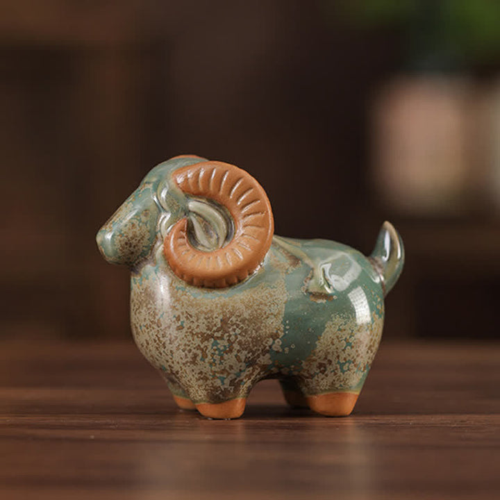 Buddha Stones Décoration décorative en céramique à glaçure changeante au four, représentant un bélier, symbole de prospérité et d'animaux mignons du zodiaque chinois - Figurine de bélier vert tacheté - image 3