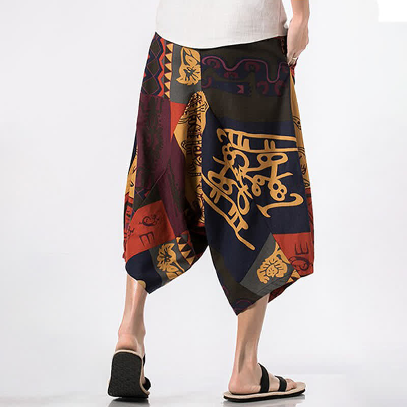 Buddha Stones Pantalon Capri bohème décontracté d'été en coton et lin à cordon de serrage et à motif floral, style sarouel, avec poches - image 14