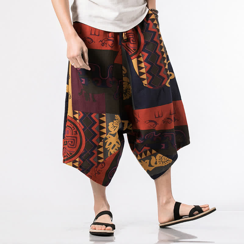 Buddha Stones Pantalon Capri bohème décontracté d'été en coton et lin à cordon de serrage et à motif floral, style sarouel, avec poches - Rouge - US/UK/AU48，EU58(5XL) - image 7