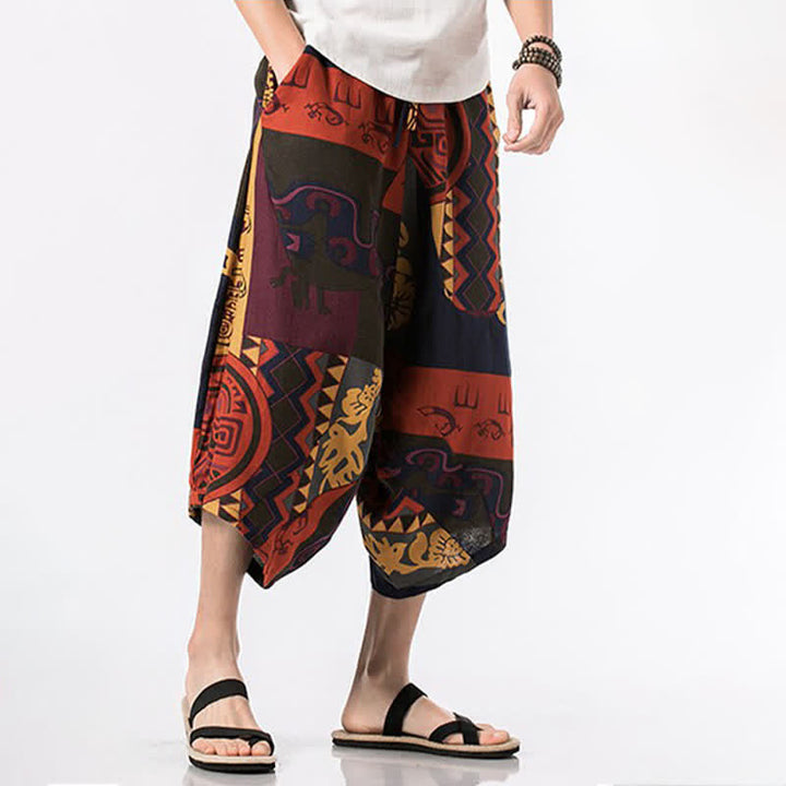 Buddha Stones Pantalon Capri bohème décontracté d'été en coton et lin à cordon de serrage et à motif floral, style sarouel, avec poches - image 13