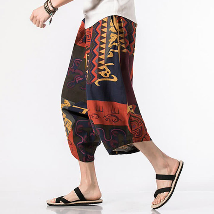 Buddha Stones Pantalon Capri bohème décontracté d'été en coton et lin à cordon de serrage et à motif floral, style sarouel, avec poches - image 11