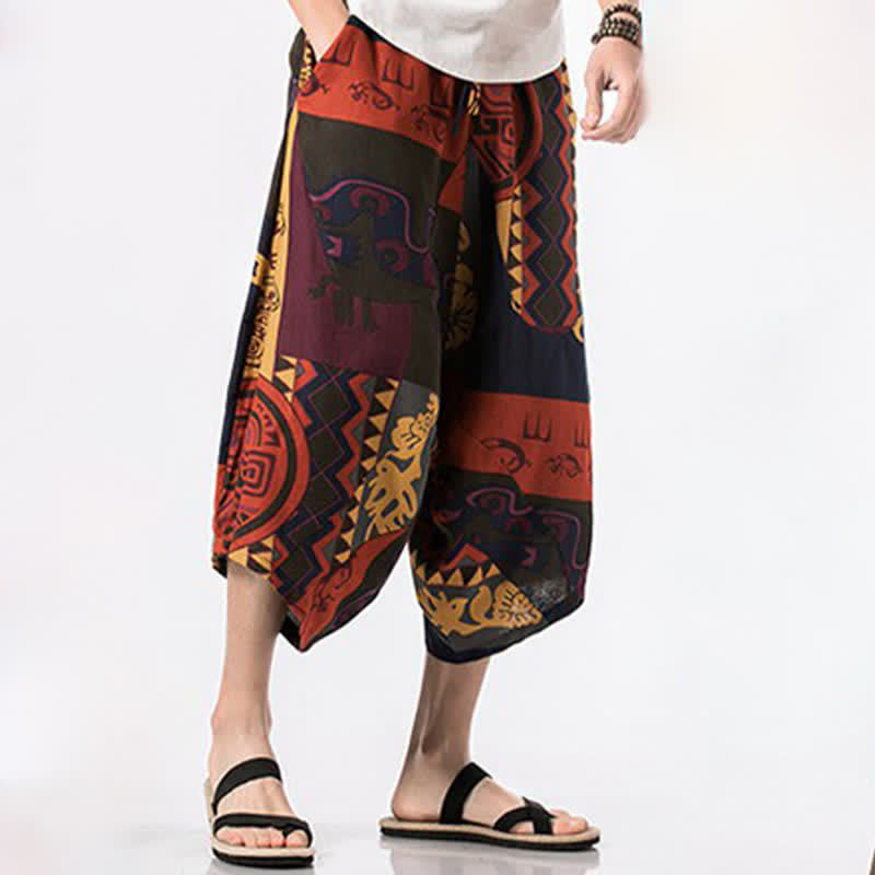 Buddha Stones Pantalon Capri bohème décontracté d'été en coton et lin à cordon de serrage et à motif floral, style sarouel, avec poches - image 8