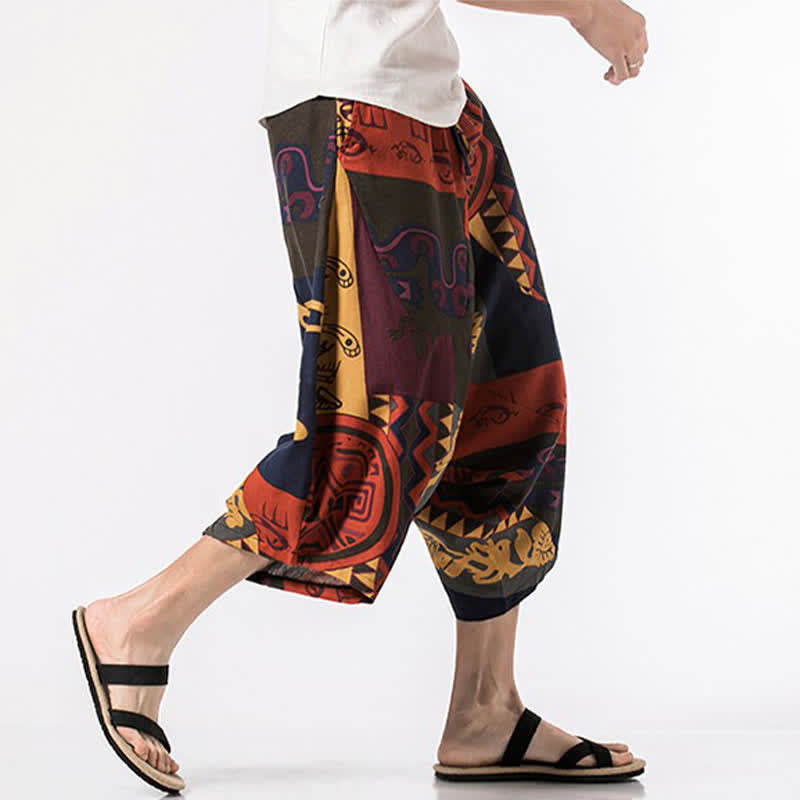 Buddha Stones Pantalon Capri bohème décontracté d'été en coton et lin à cordon de serrage et à motif floral, style sarouel, avec poches - image 9