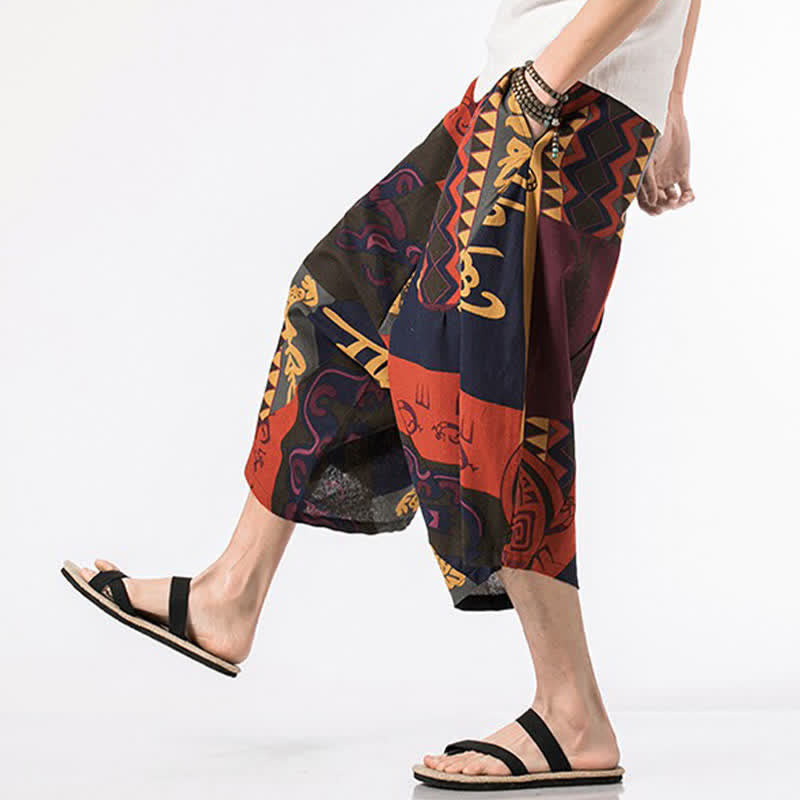Buddha Stones Pantalon Capri bohème décontracté d'été en coton et lin à cordon de serrage et à motif floral, style sarouel, avec poches - image 12