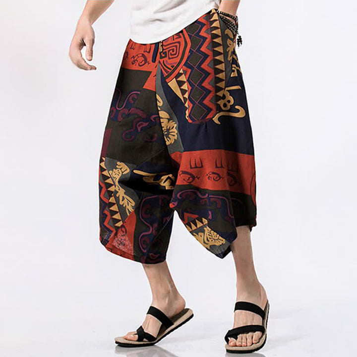 Buddha Stones Pantalon Capri bohème décontracté d'été en coton et lin à cordon de serrage et à motif floral, style sarouel, avec poches - image 10