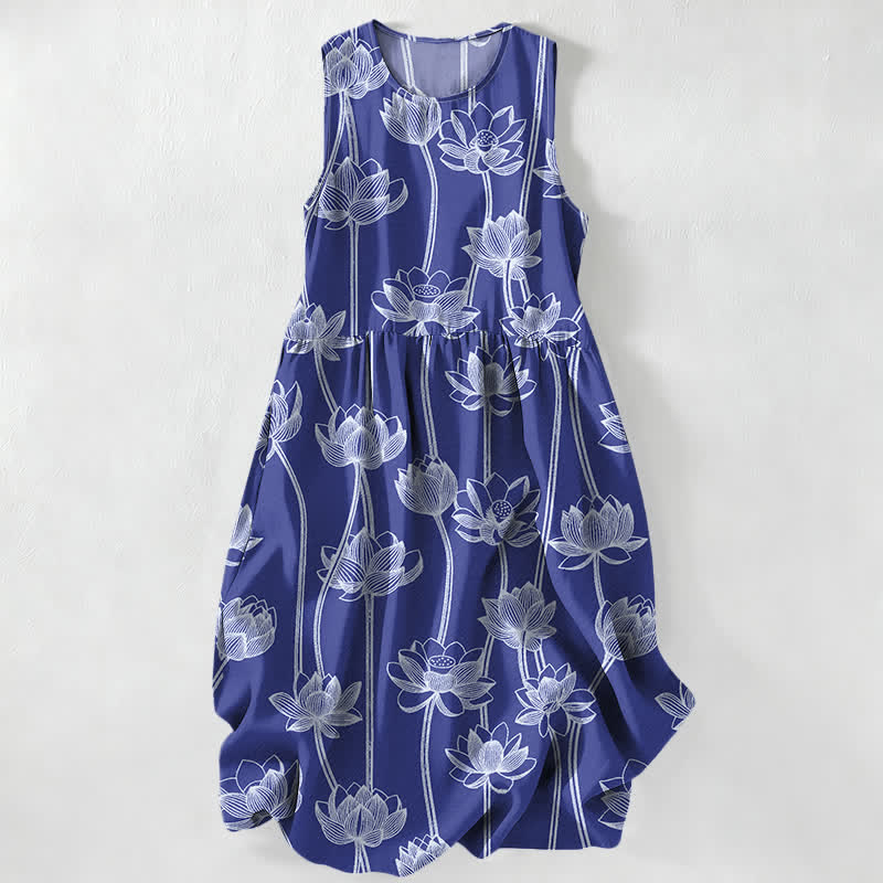 Buddha Stones Robe midi d'été décontractée pour femme, à motif lotus et poches - Bleu royal - US16，UK/AU20，EU48 (3XL) - image 0