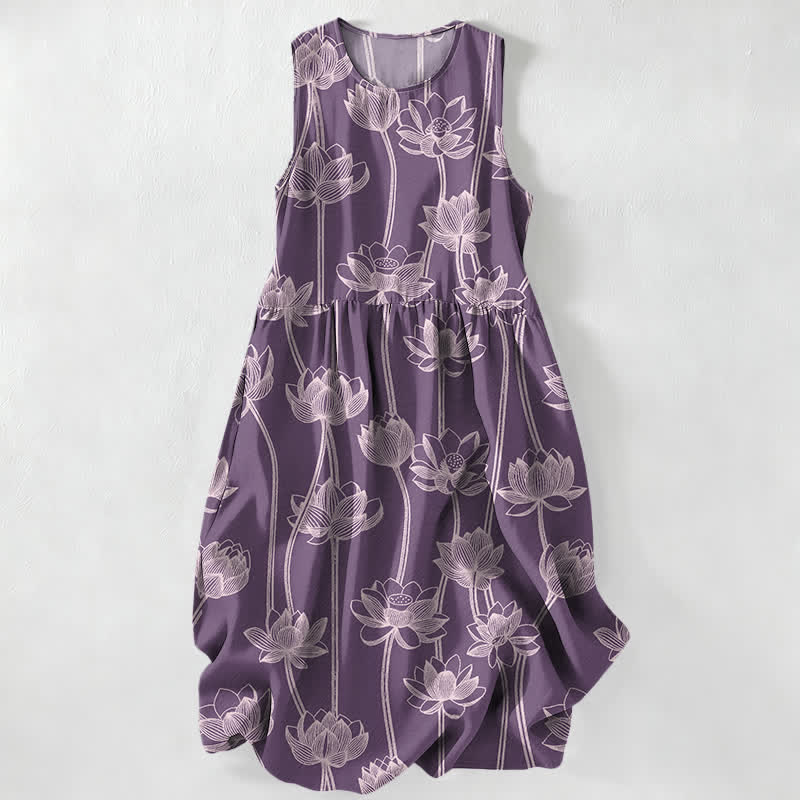 Buddha Stones Robe midi d'été décontractée pour femme, à motif lotus et poches - Prune - US16，UK/AU20，EU48 (3XL) - image 4