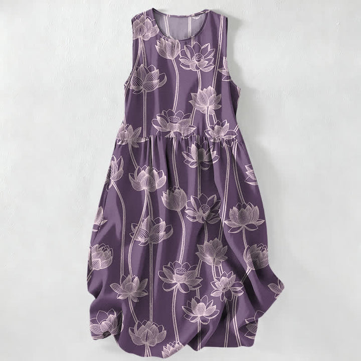 Buddha Stones Robe midi d'été décontractée pour femme, à motif lotus et poches - Prune - US16，UK/AU20，EU48 (3XL) - image 4