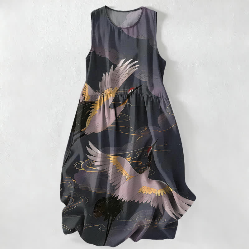 Buddha Stones Robe midi d'été décontractée pour femme, motif vagues et grues volantes, sans manches et avec poches - Noir - US16，UK/AU20，EU48 (3XL) - image 0