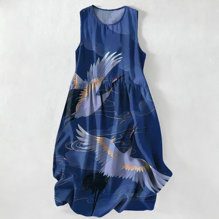 Buddha Stones Robe midi d'été décontractée pour femme, motif vagues et grues volantes, sans manches et avec poches - Marine - US16，UK/AU20，EU48 (3XL) - image 4