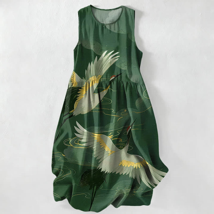 Buddha Stones Robe midi d'été décontractée pour femme, motif vagues et grues volantes, sans manches et avec poches - Vert forêt - US16，UK/AU20，EU48 (3XL) - image 5
