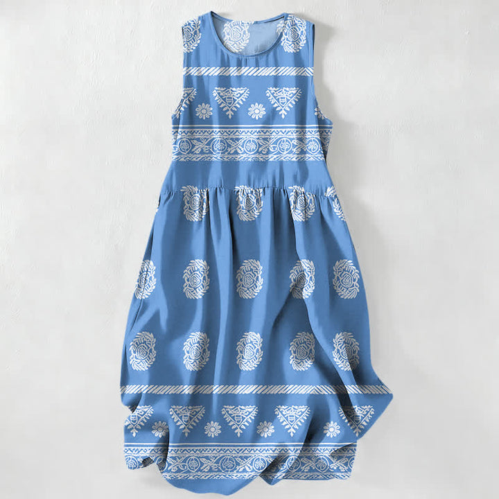 Buddha Stones Robe midi d'été décontractée pour femme, à rayures géométriques et médaillons, sans manches et avec poches - Bleuet - US16，UK/AU20，EU48 (3XL) - image 0