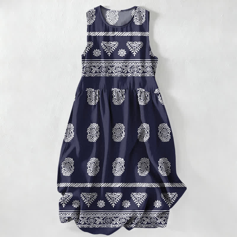 Buddha Stones Robe midi d'été décontractée pour femme, à rayures géométriques et médaillons, sans manches et avec poches - Marine - US16，UK/AU20，EU48 (3XL) - image 4