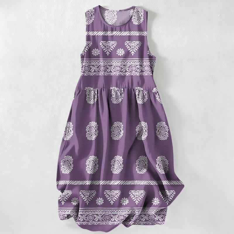 Buddha Stones Robe midi d'été décontractée pour femme, à rayures géométriques et médaillons, sans manches et avec poches - Violet moyen - US16，UK/AU20，EU48 (3XL) - image 5