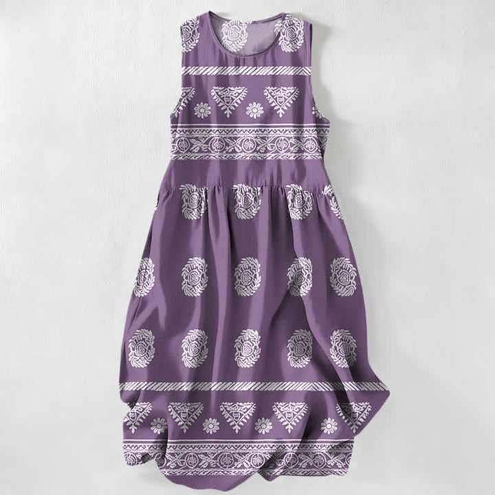 Buddha Stones Robe midi d'été décontractée pour femme, à rayures géométriques et médaillons, sans manches et avec poches - Violet moyen - US16，UK/AU20，EU48 (3XL) - image 5